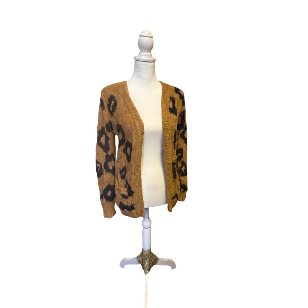 design history fuzzy leapard cheetah open front cardigan womens xl